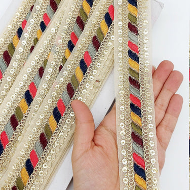9 Yards Tissue Fabric Sequin Border, Beige Shimmer Tissue Fabric Lace Trim Stripes Embroidery, Decorative Trim